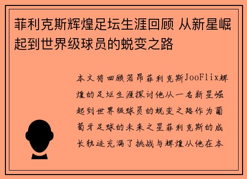 菲利克斯辉煌足坛生涯回顾 从新星崛起到世界级球员的蜕变之路
