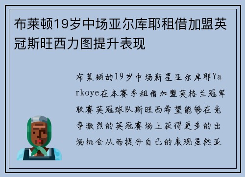 布莱顿19岁中场亚尔库耶租借加盟英冠斯旺西力图提升表现
