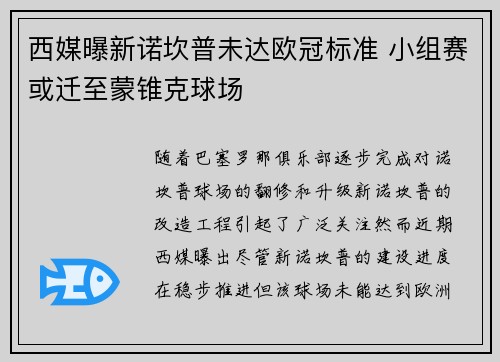 西媒曝新诺坎普未达欧冠标准 小组赛或迁至蒙锥克球场