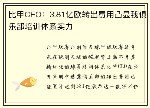 比甲CEO：3.81亿欧转出费用凸显我俱乐部培训体系实力