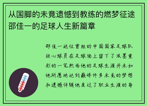 从国脚的未竟遗憾到教练的燃梦征途邵佳一的足球人生新篇章